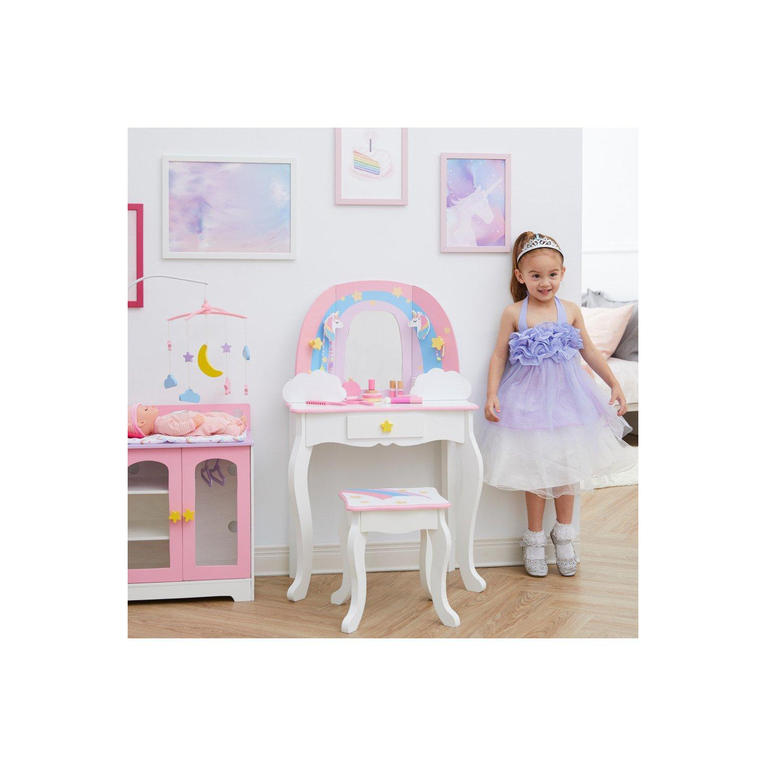Teamson Kids Little Dreamer Rainbow Unicorn 2-pc. Wooden Vanity Set, Pink/White - image 1