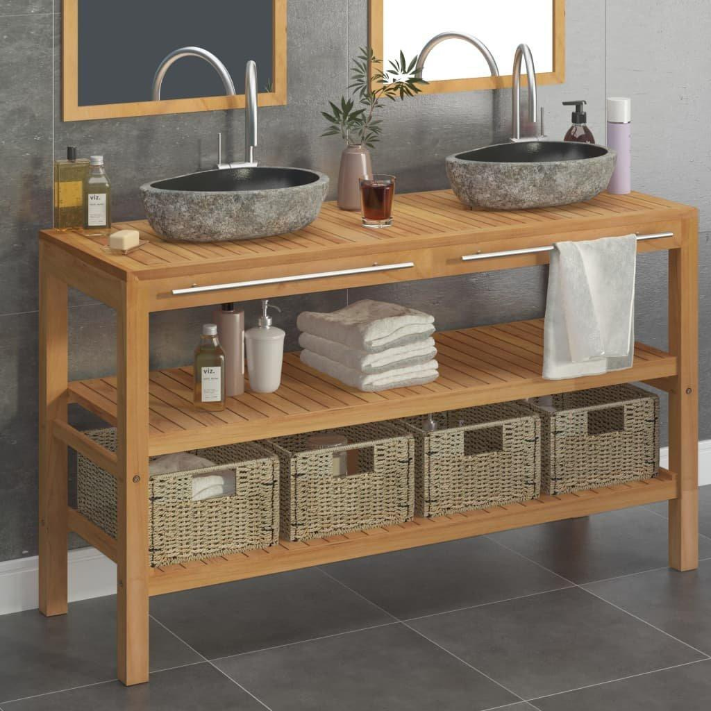 Bathroom Vanity Cabinet Solid Teak with Riverstone Sinks - image 1