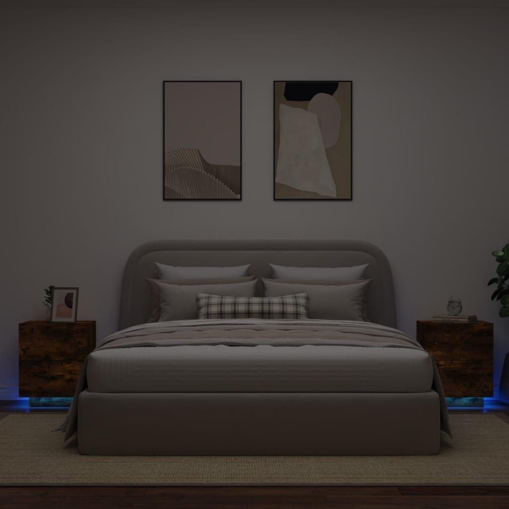 Bedside Cabinets with LED Lights 2 pcs Smoked Oak Engineered Wood - image 1