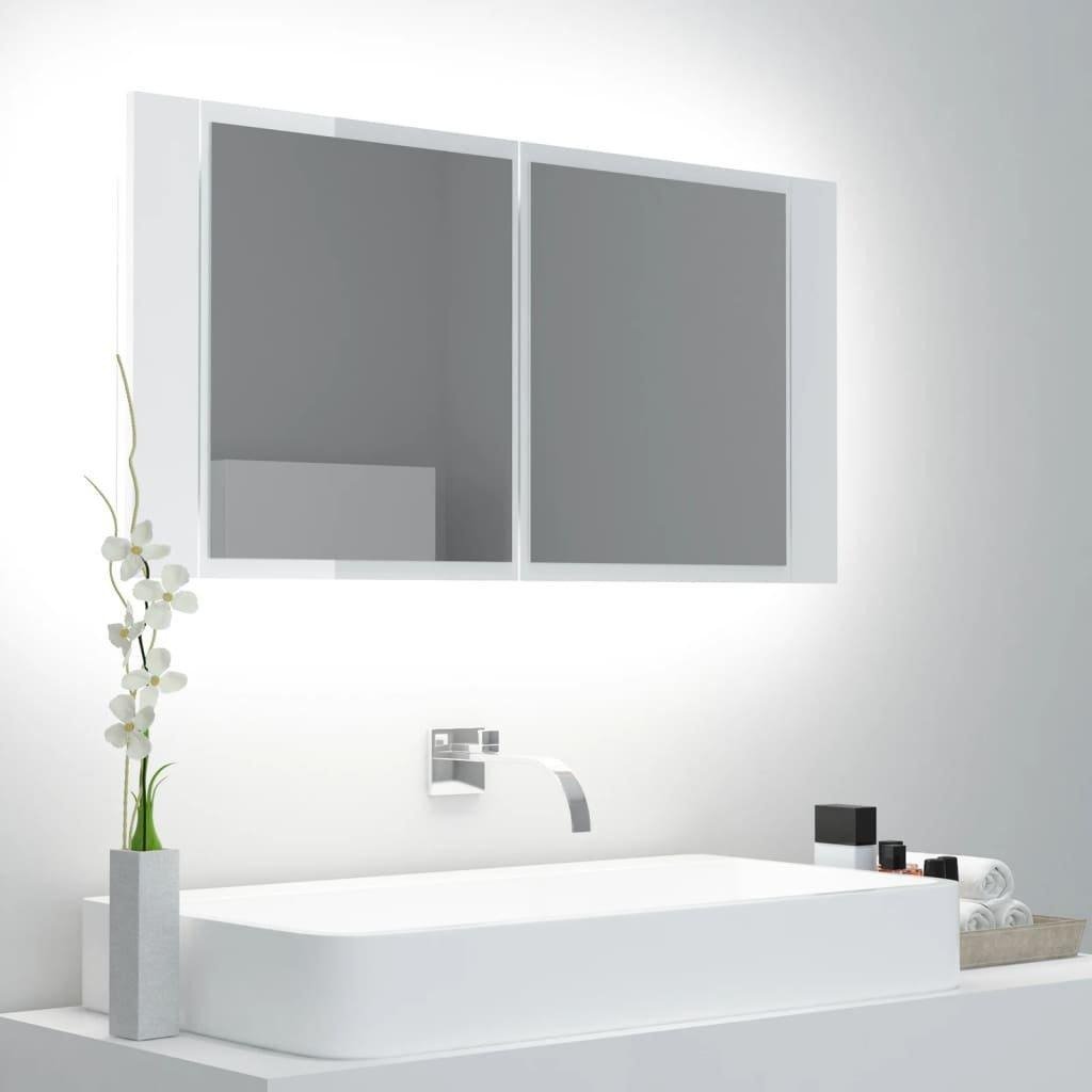 LED Bathroom Mirror Cabinet High Gloss White 90x12x45 cm - image 1