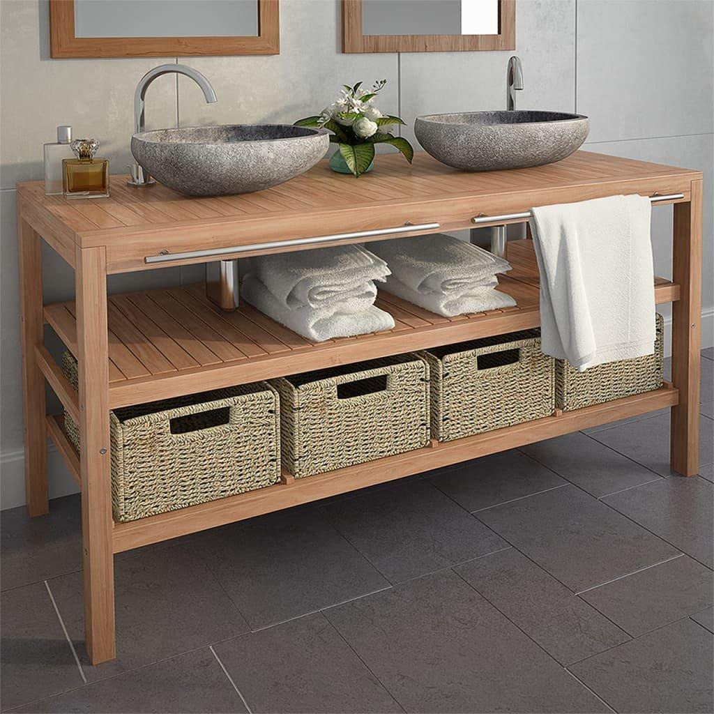 Bathroom Vanity Cabinet with 4 Baskets Solid Teak 132x45x75 cm - image 1
