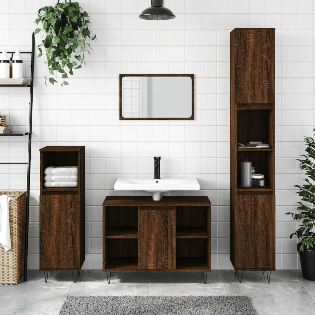 3 Piece Bathroom Furniture Set Brown Oak Engineered Wood - image 1