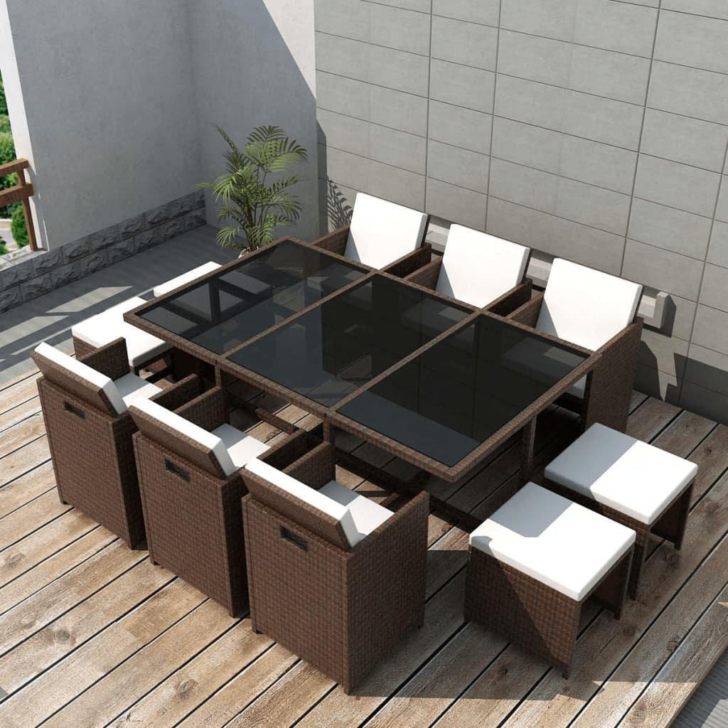 11 Piece Outdoor Dining Set with Cushions Poly Rattan Brown - image 1