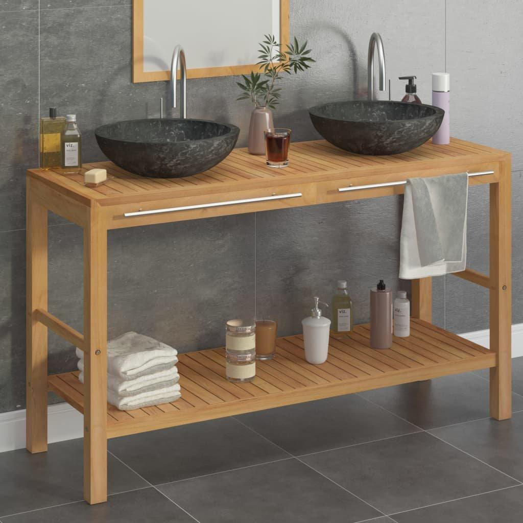 Bathroom Vanity Cabinet Solid Teak with Sinks Marble Black - image 1
