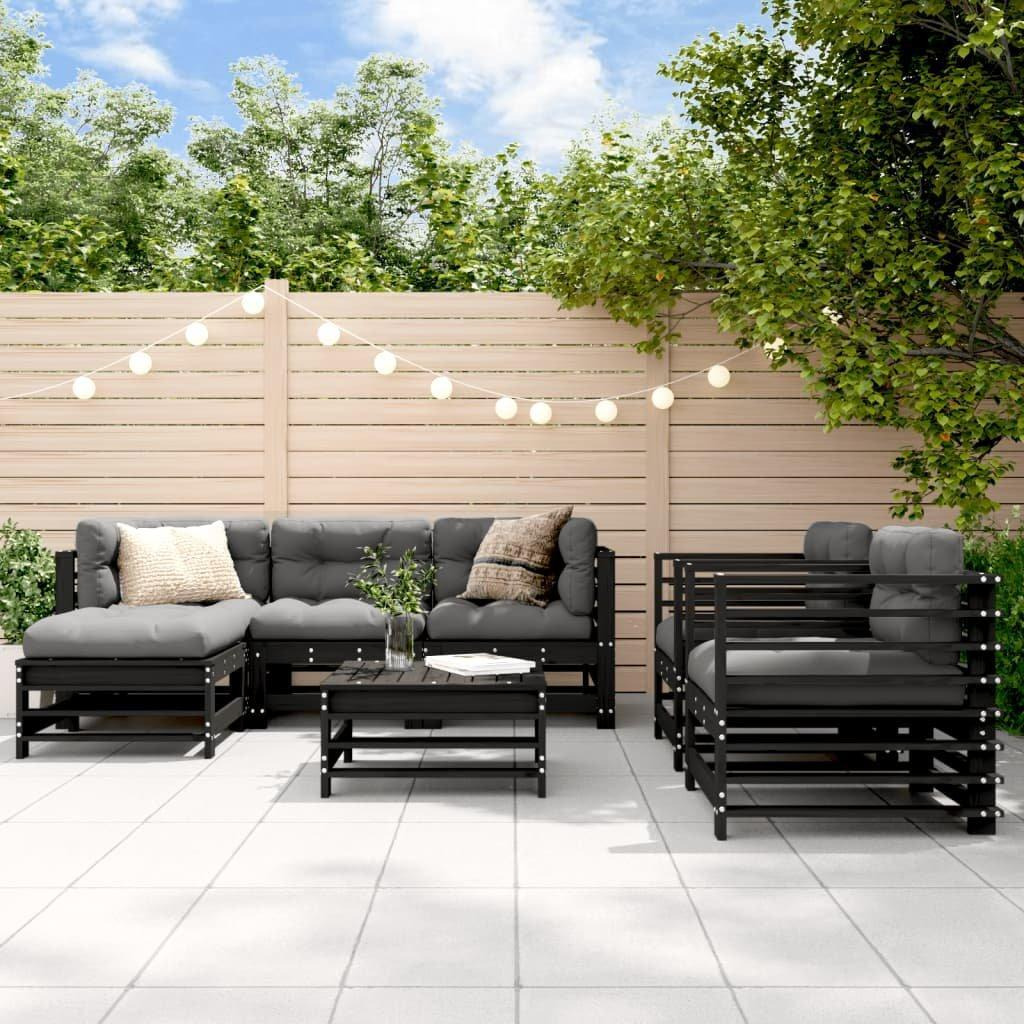 7 Piece Garden Lounge Set Black Solid Wood Pine - image 1