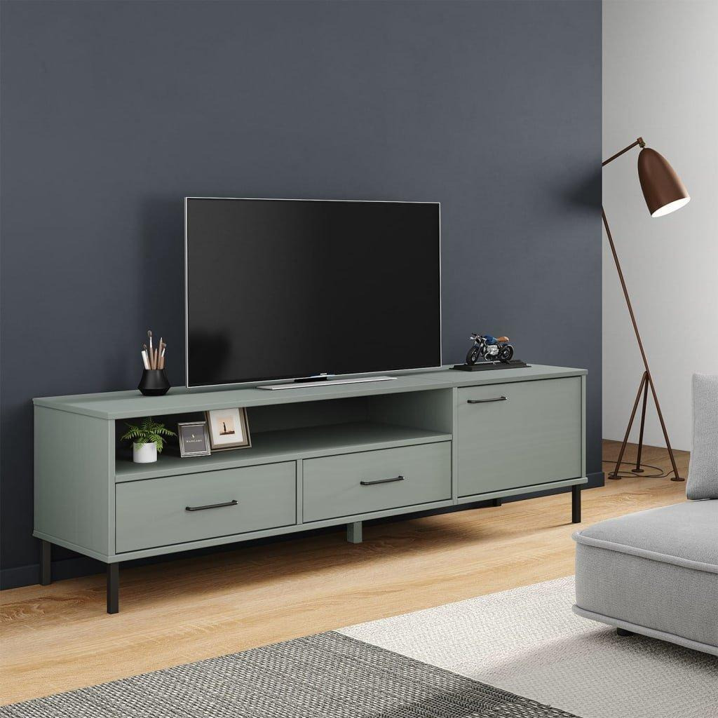 TV Cabinet with Metal Legs Grey Solid Wood Pine OSLO - image 1