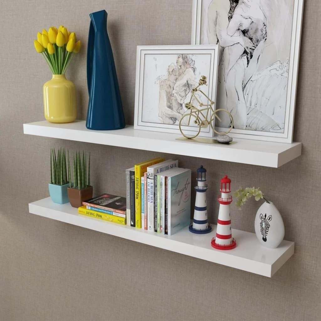 2 White MDF Floating Wall Display Shelves Book/DVD Storage - image 1