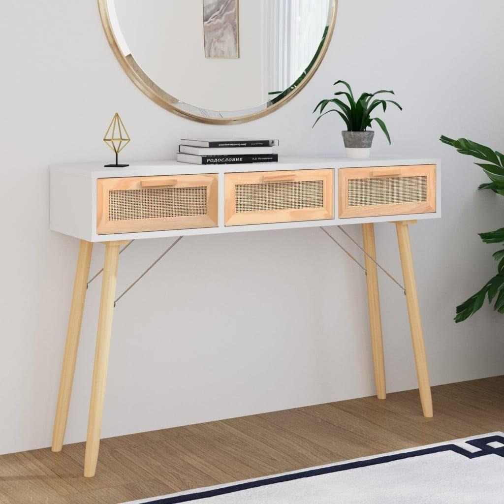 Console Table White 105x30x75 cm Solid Wood Pine&Natural Rattan - image 1