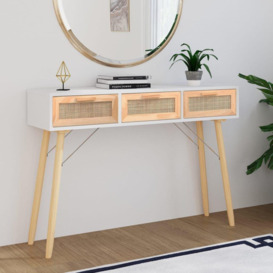Console Table White 105x30x75 cm Solid Wood Pine&Natural Rattan - thumbnail 1