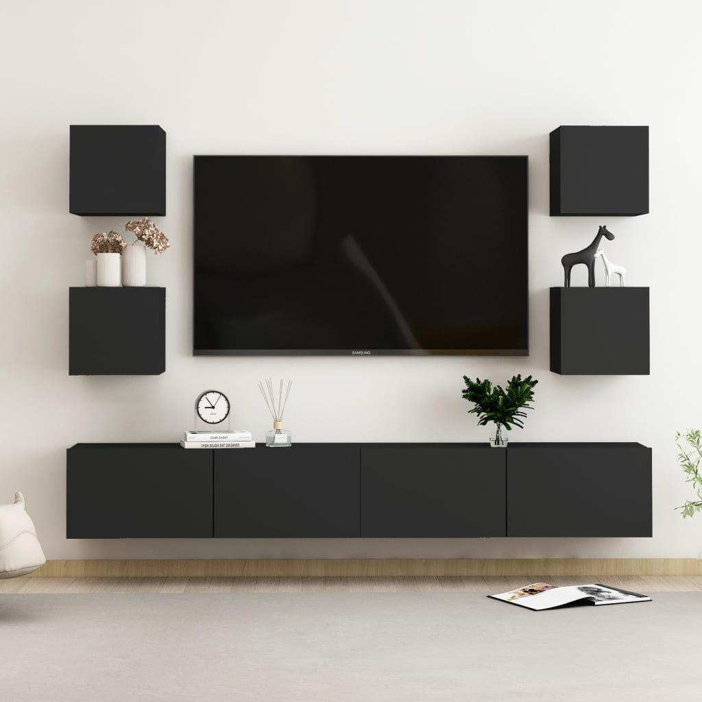 6 Piece TV Cabinet Set Black Engineered Wood - image 1