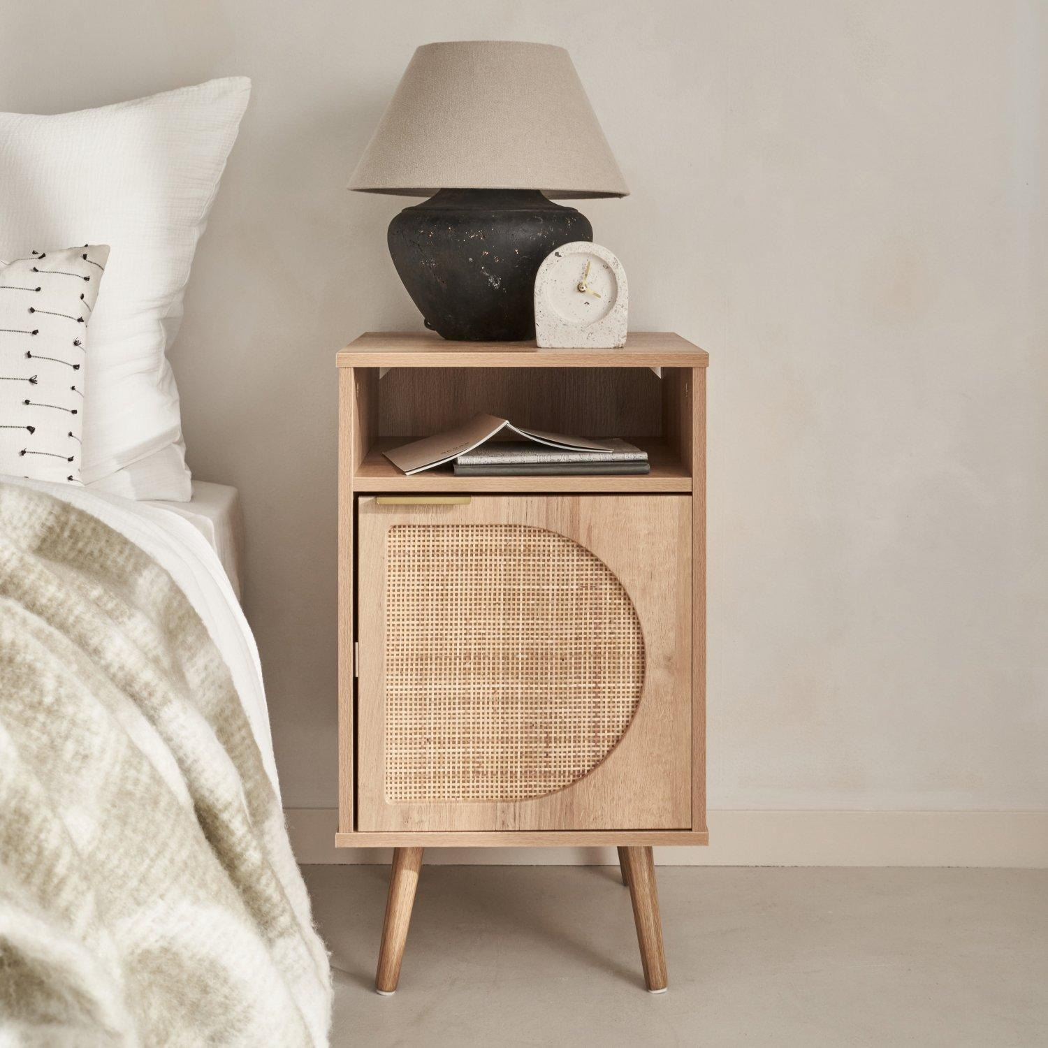 Wood And Rounded Cane Rattan Bedside Table - image 1