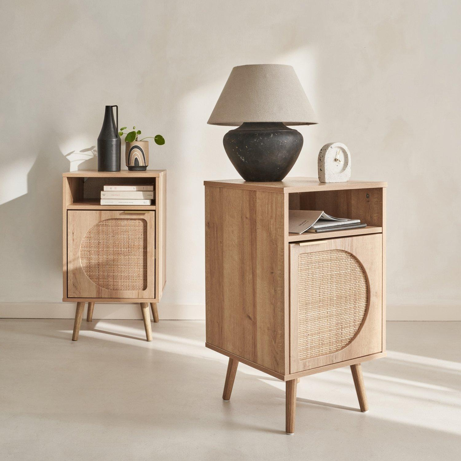 Pair Of Wood And Rounded Cane Rattan Bedside Tables - image 1