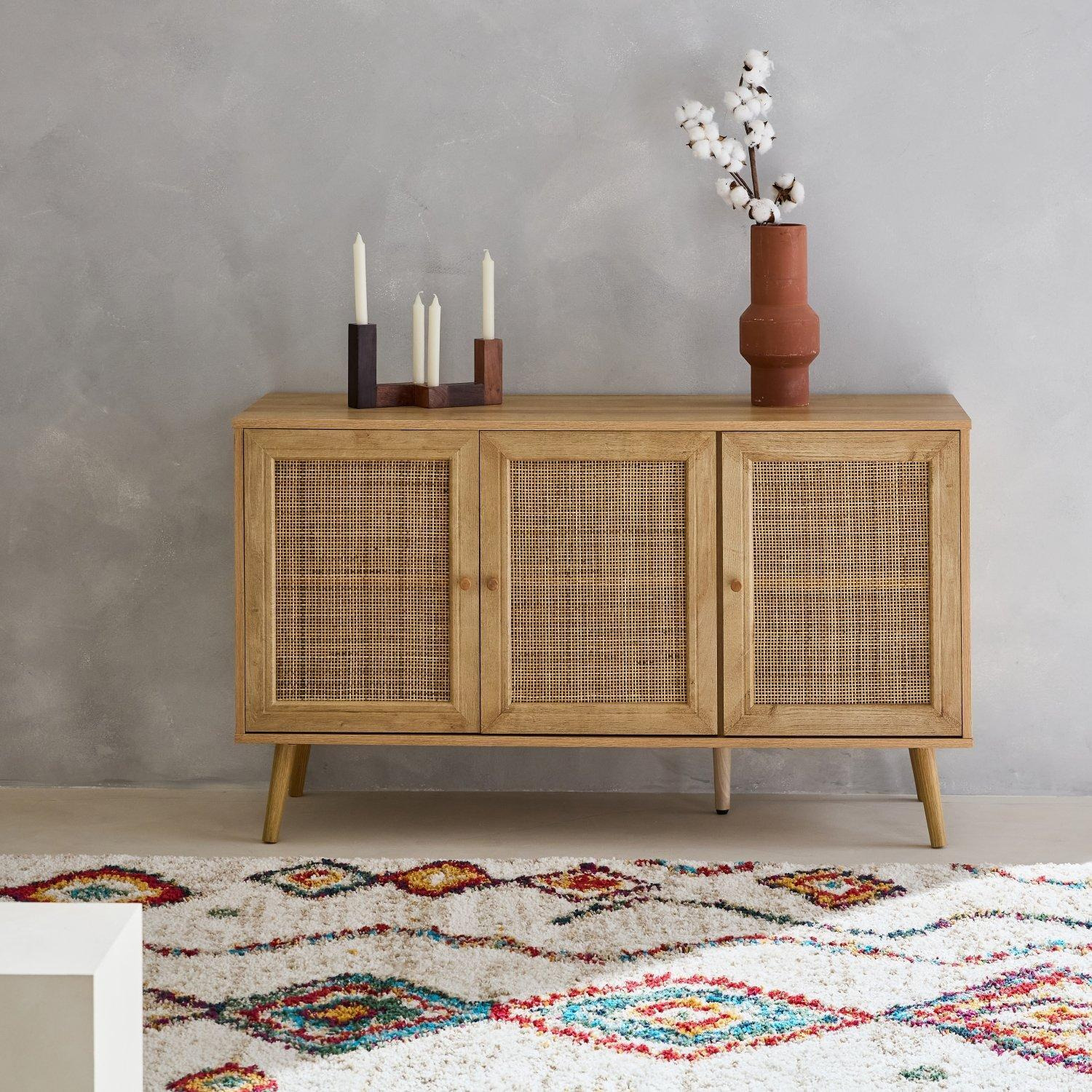 3-door Wood And Cane Rattan Sideboard Cabinet - image 1