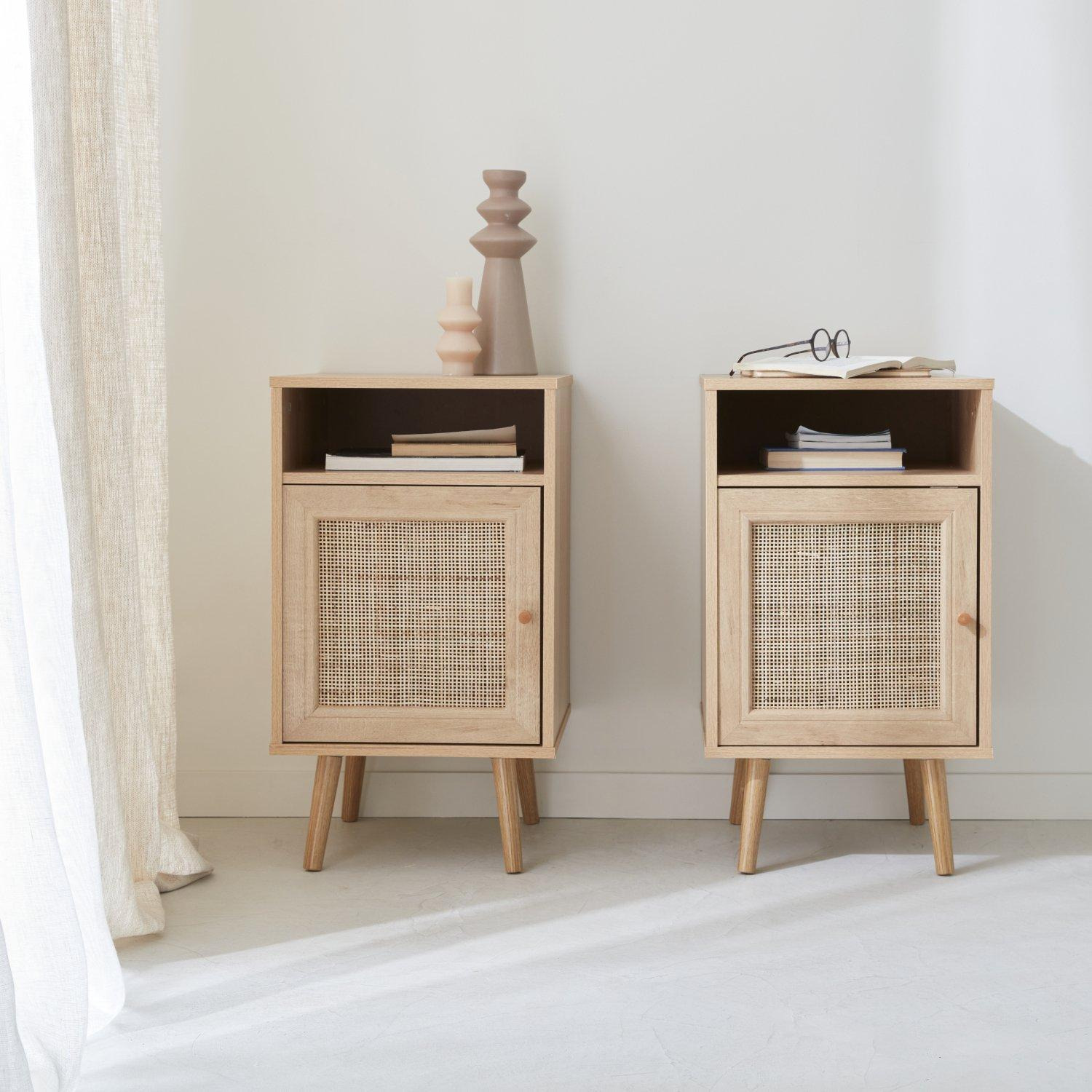 Pair Of Scandi-style Wood And Cane Rattan Bedside Tables With Cupboard - image 1