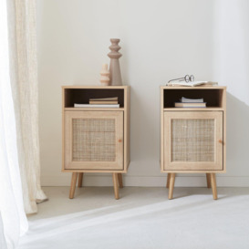 Pair Of Scandi-style Wood And Cane Rattan Bedside Tables With Cupboard