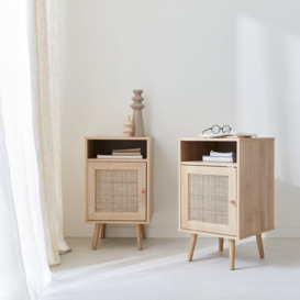 Pair Of Scandi-style Wood And Cane Rattan Bedside Tables With Cupboard - thumbnail 2
