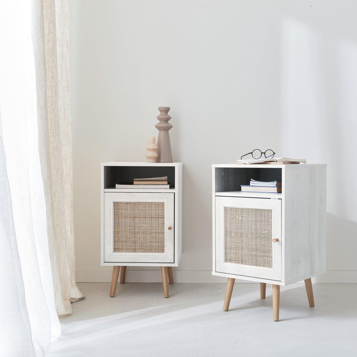 Pair Of Scandi-style Wood And Cane Rattan Bedside Tables With Cupboard - image 1
