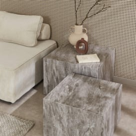 Set Of 2 Square Coffee Tables With Marble Effect - thumbnail 2