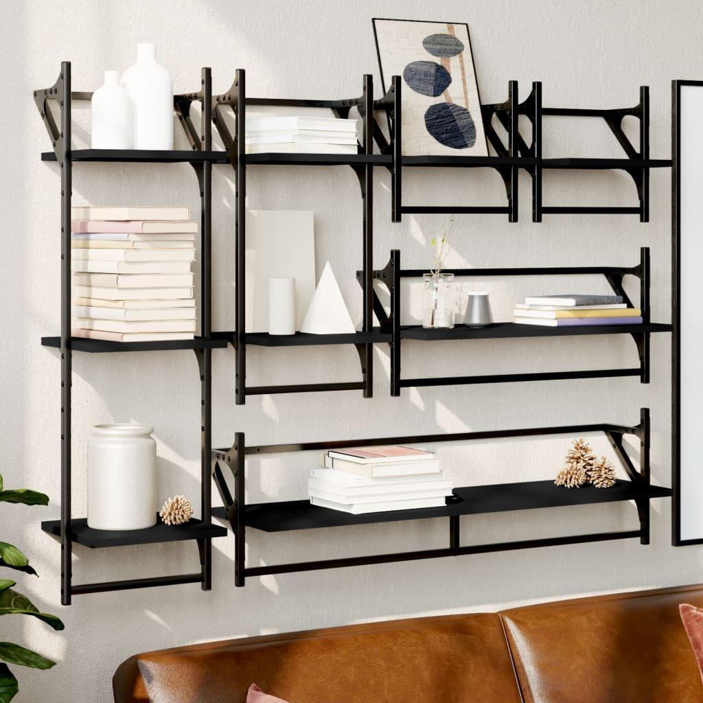 6 Piece Wall Shelf Set with Bars Black Engineered Wood - image 1