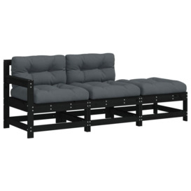 3 Piece Garden Lounge Set with Cushions Black Solid Wood - thumbnail 2
