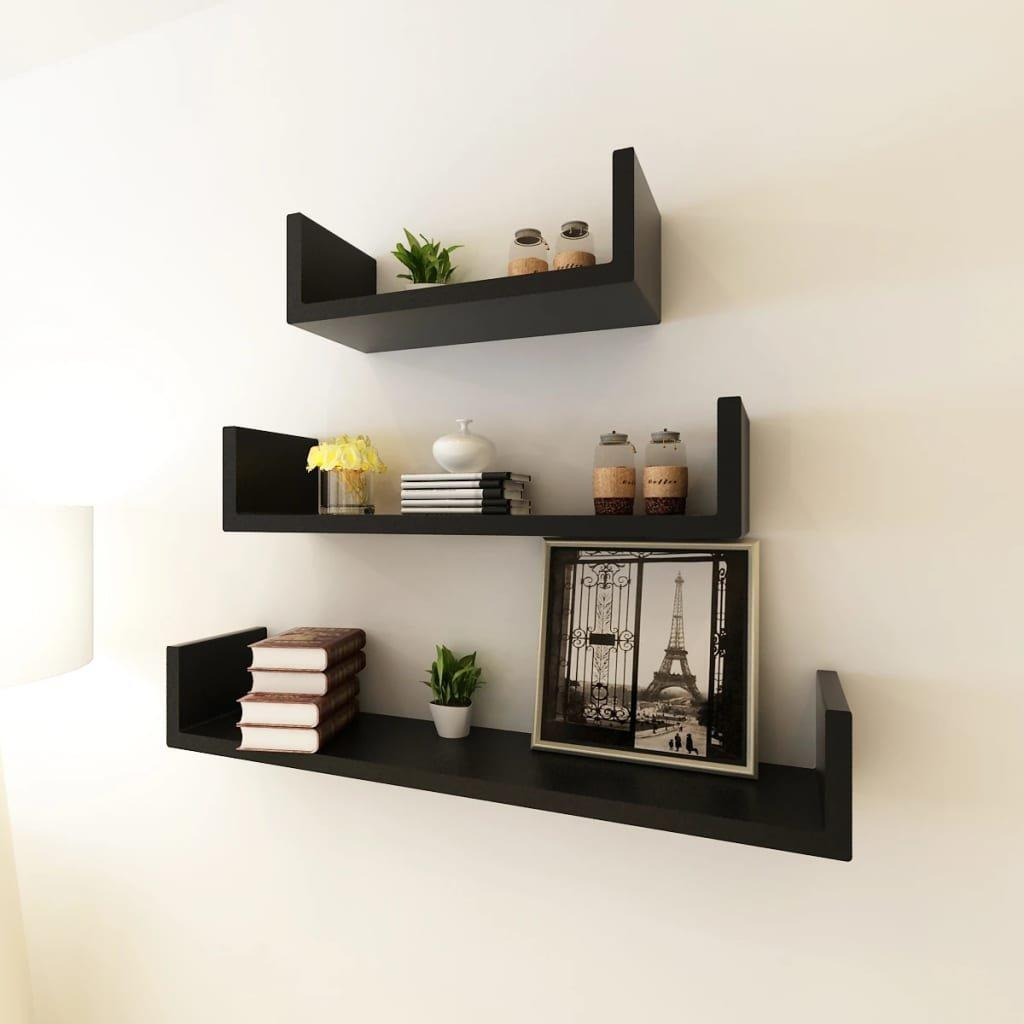 3 Black MDF U-shaped Floating Wall Display Shelves Book/DVD Storage - image 1