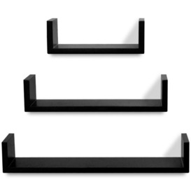 3 Black MDF U-shaped Floating Wall Display Shelves Book/DVD Storage - thumbnail 3