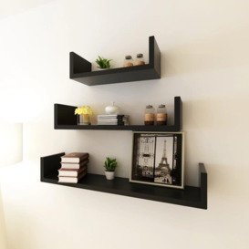 3 Black MDF U-shaped Floating Wall Display Shelves Book/DVD Storage - thumbnail 1