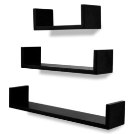 3 Black MDF U-shaped Floating Wall Display Shelves Book/DVD Storage - thumbnail 2