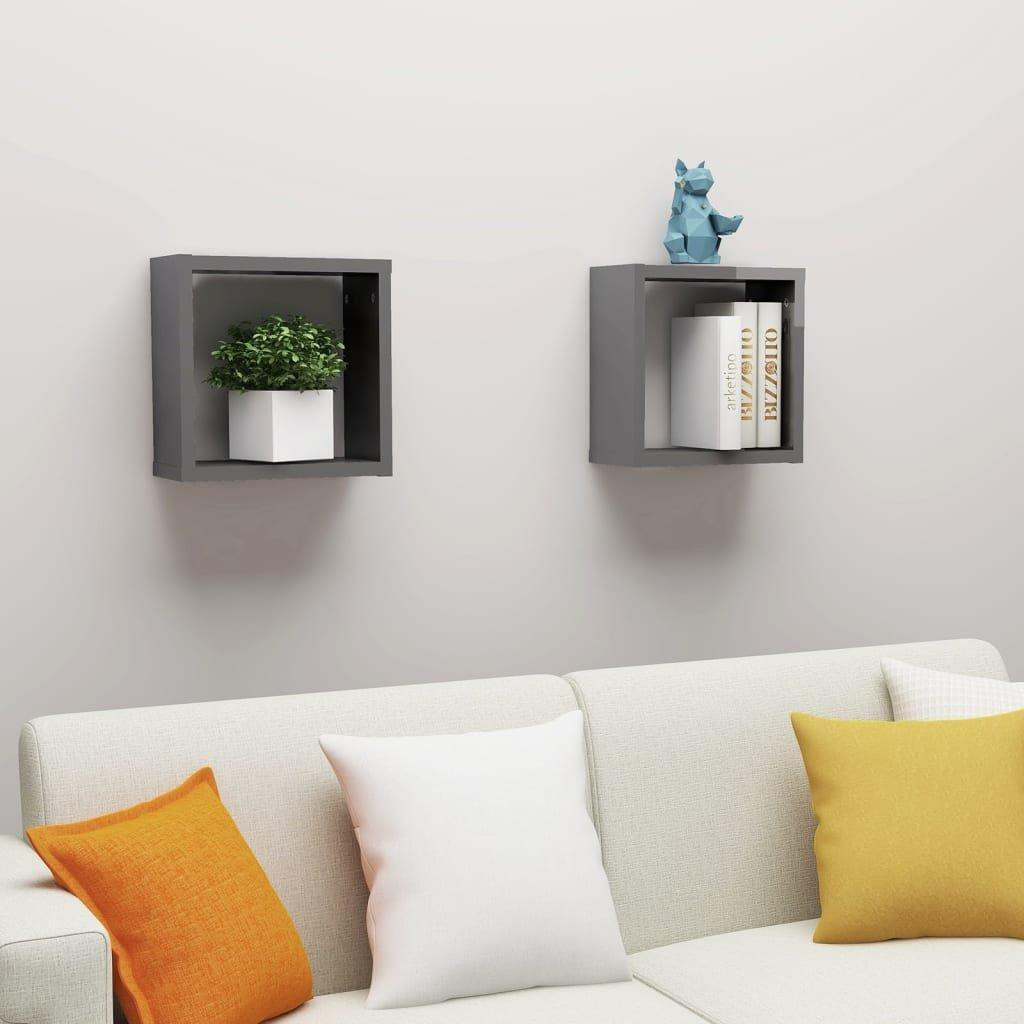 Wall Cube Shelves 2 pcs High Gloss Grey 30x15x30 cm - image 1