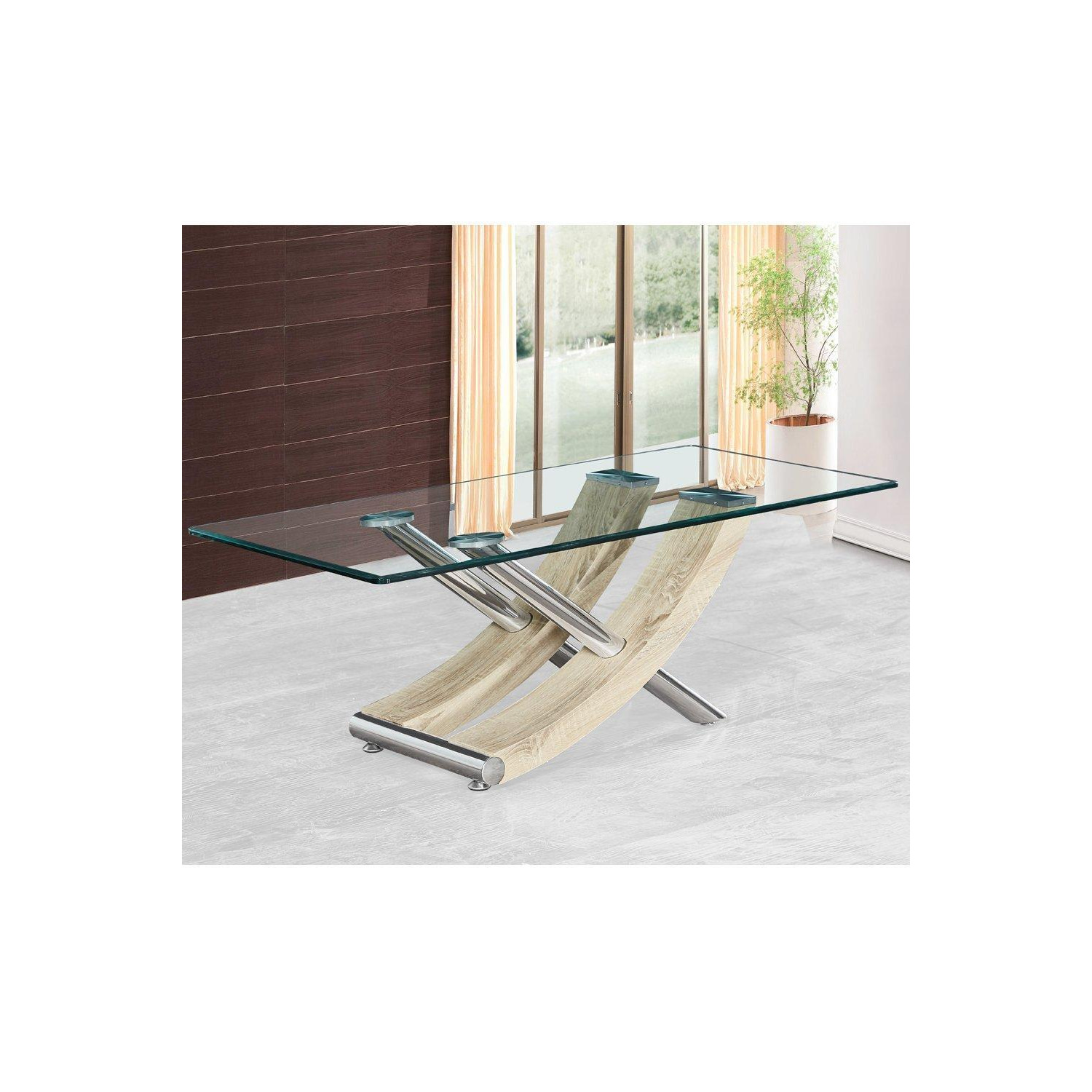 Nuovo Coffee Table, Tempered Clear Glass Top With Cross Leg
