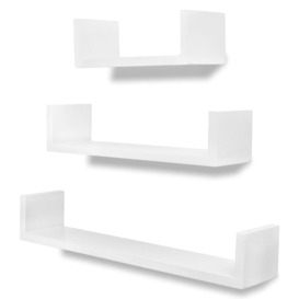 3 White MDF U-shaped Floating Wall Display Shelves Book/DVD Storage - thumbnail 2