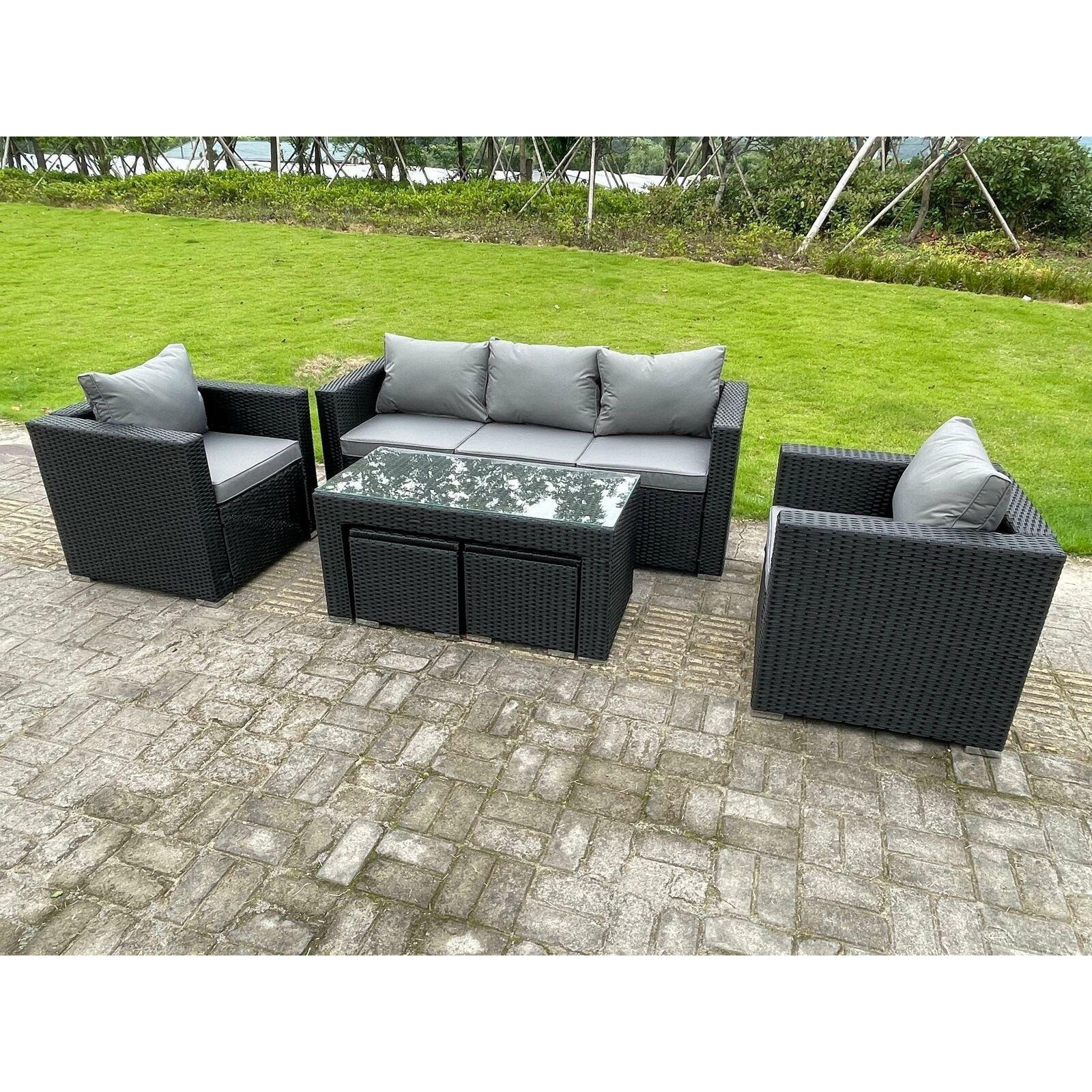Wicker Rattan Garden Furniture Sofa Sets Outdoor Patio Coffee Table With Stools Black - image 1