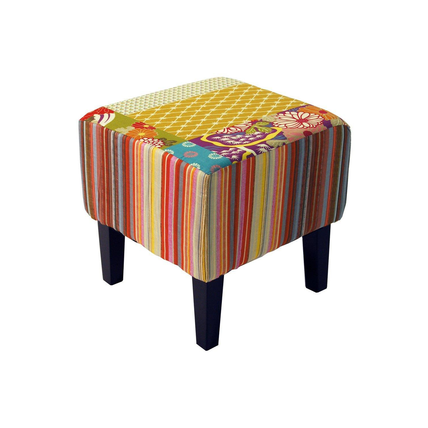 Patchwork - Shabby Chic Square Pouffe Padded Stool wood Legs - Multi-coloured - image 1