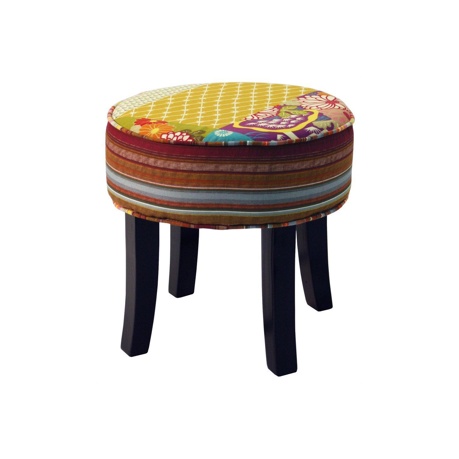 Patchwork - Shabby Chic Round Pouffe Padded Stool wood Legs - Multi-coloured - image 1