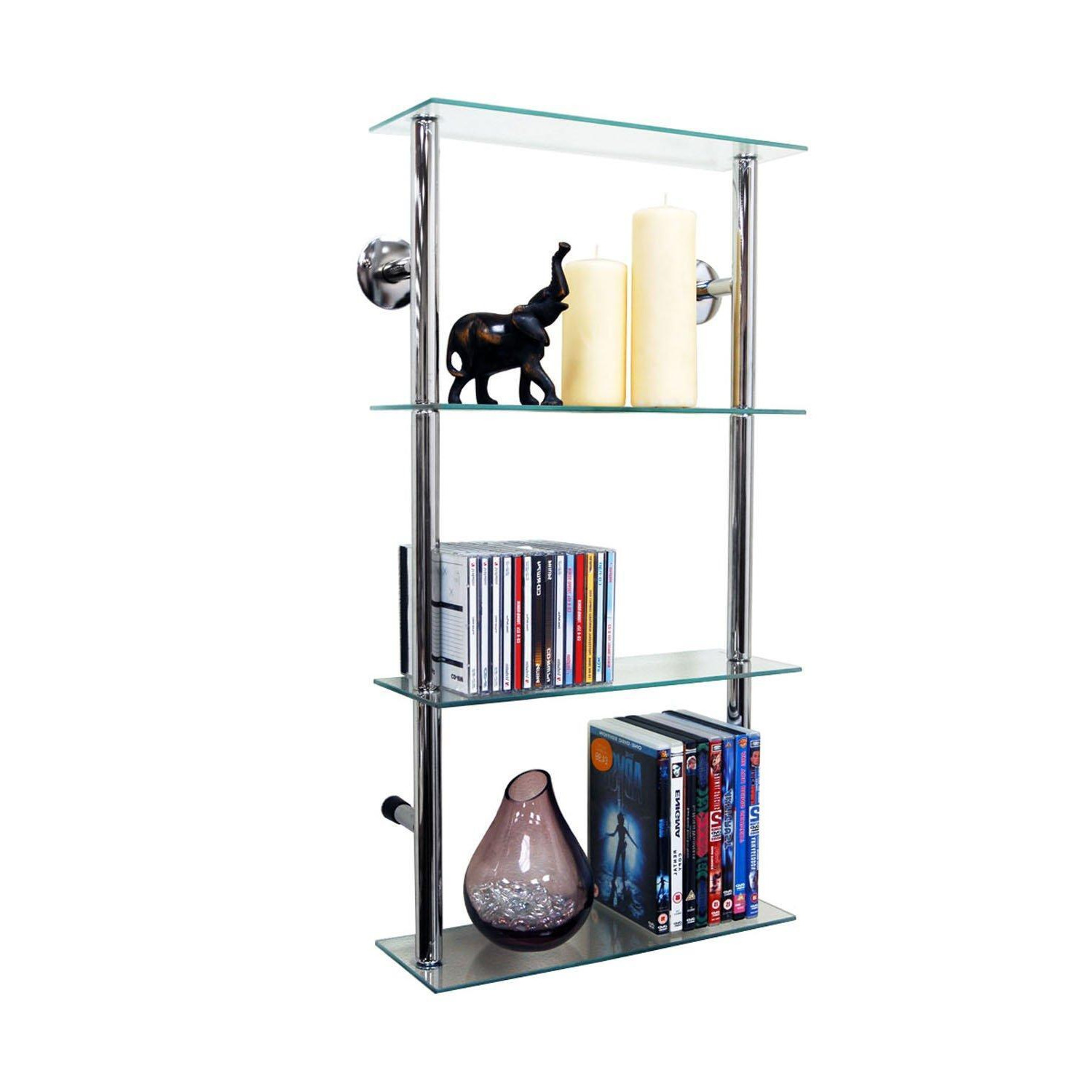 'Maxwell' - Wall Mounted 4 Tier Glass 90 Cd / 60 Dvd Storage Shelves - Clear / Silver - image 1
