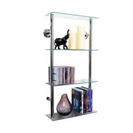 'Maxwell' - Wall Mounted 4 Tier Glass 90 Cd / 60 Dvd Storage Shelves - Clear / Silver