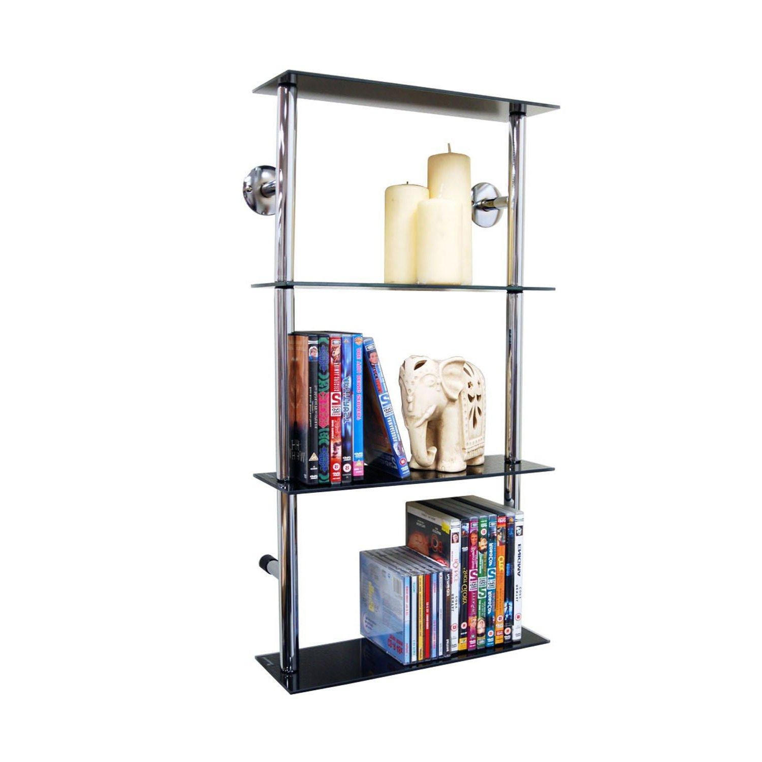 'Maxwell' - Wall Mounted Glass 90 Cd / 60 Dvd Storage Shelves - Black / Silver - image 1