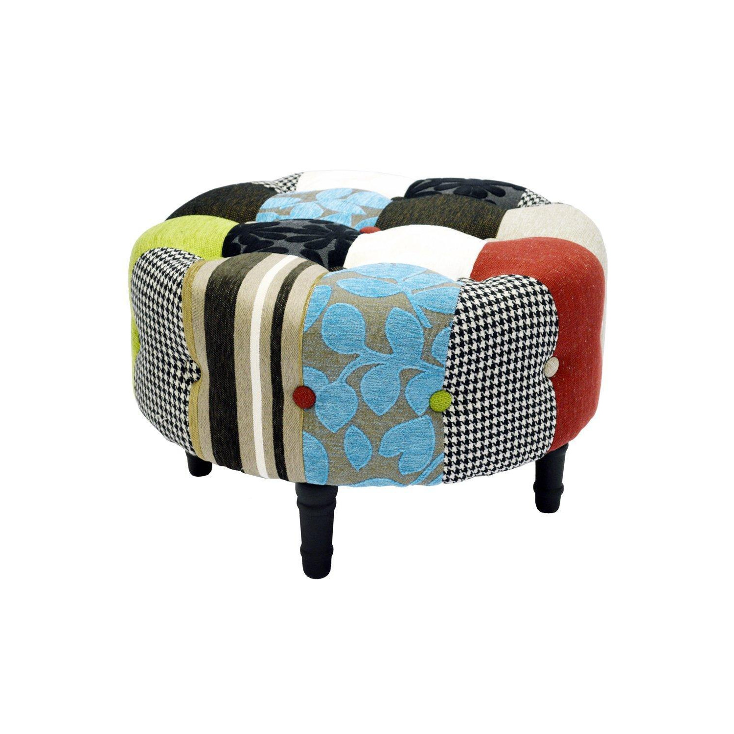 Plush Patchwork - Round Pouffe Padded Footstool With Wood Legs - Blue  Green  Red - image 1