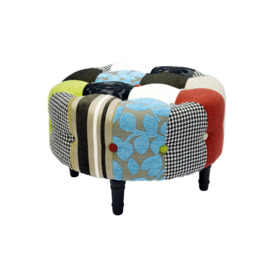 Plush Patchwork - Round Pouffe Padded Footstool With Wood Legs - Blue  Green  Red - thumbnail 1
