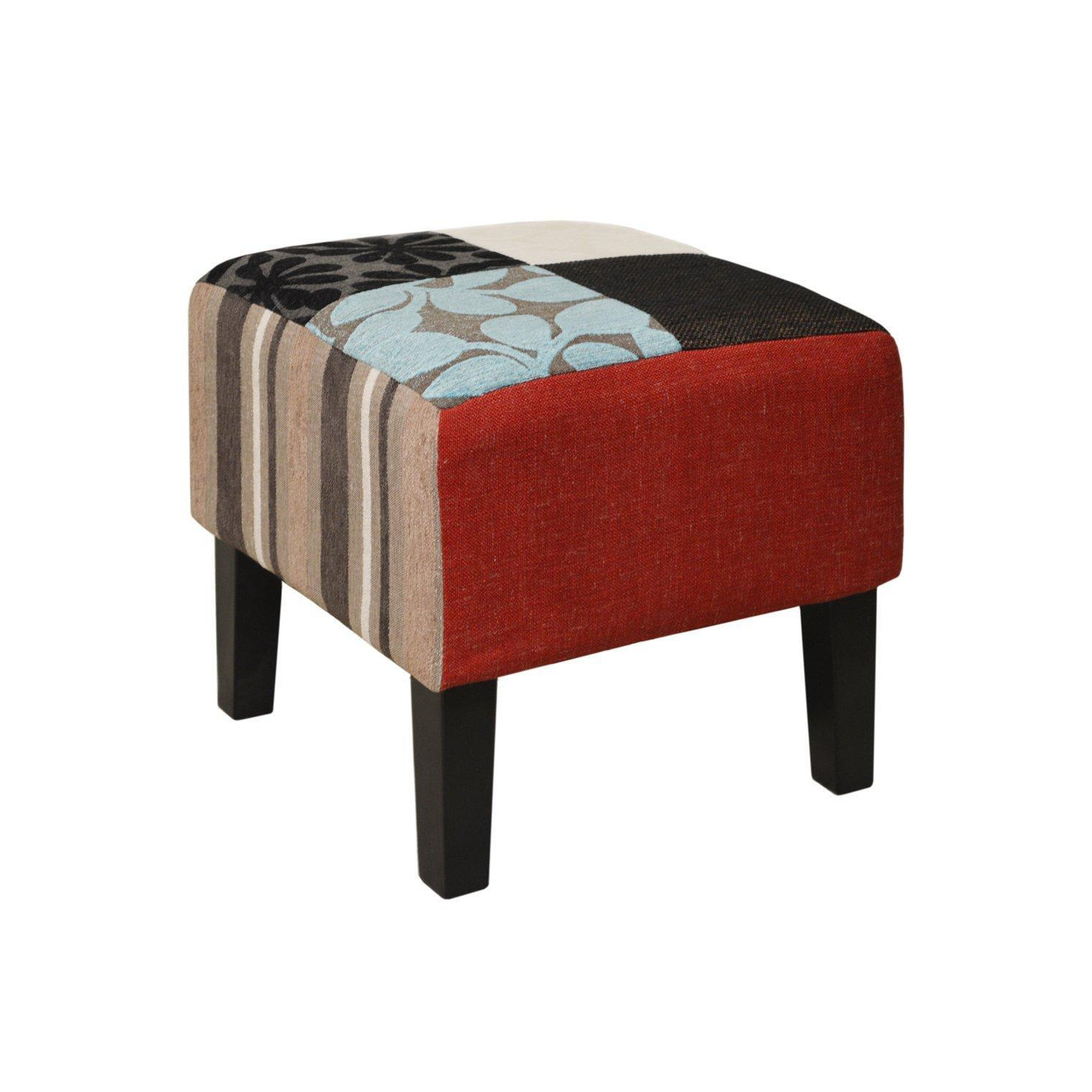 Plush Patchwork - Shabby Chic Square Pouffe Stool  Wood Legs - Blue  Green  Red - image 1