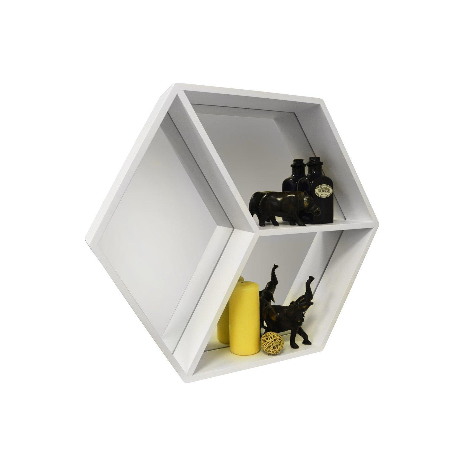 'Hexagon' - Wall Mounted Cube Storage Shelf With Mirror - White - image 1