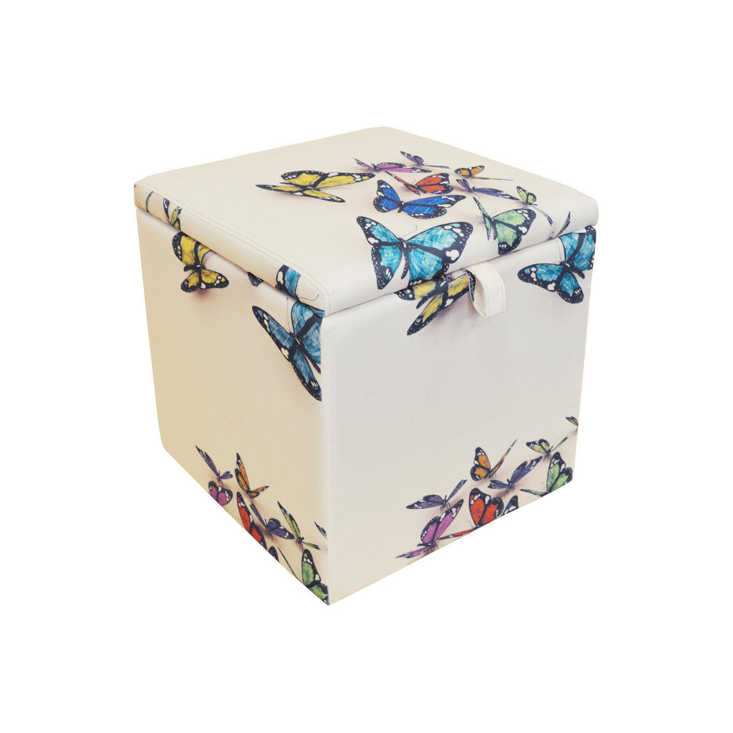 'Butterfly' - Square Storage Ottoman Stool  Blanket Box Cube - Cream  Multi - image 1