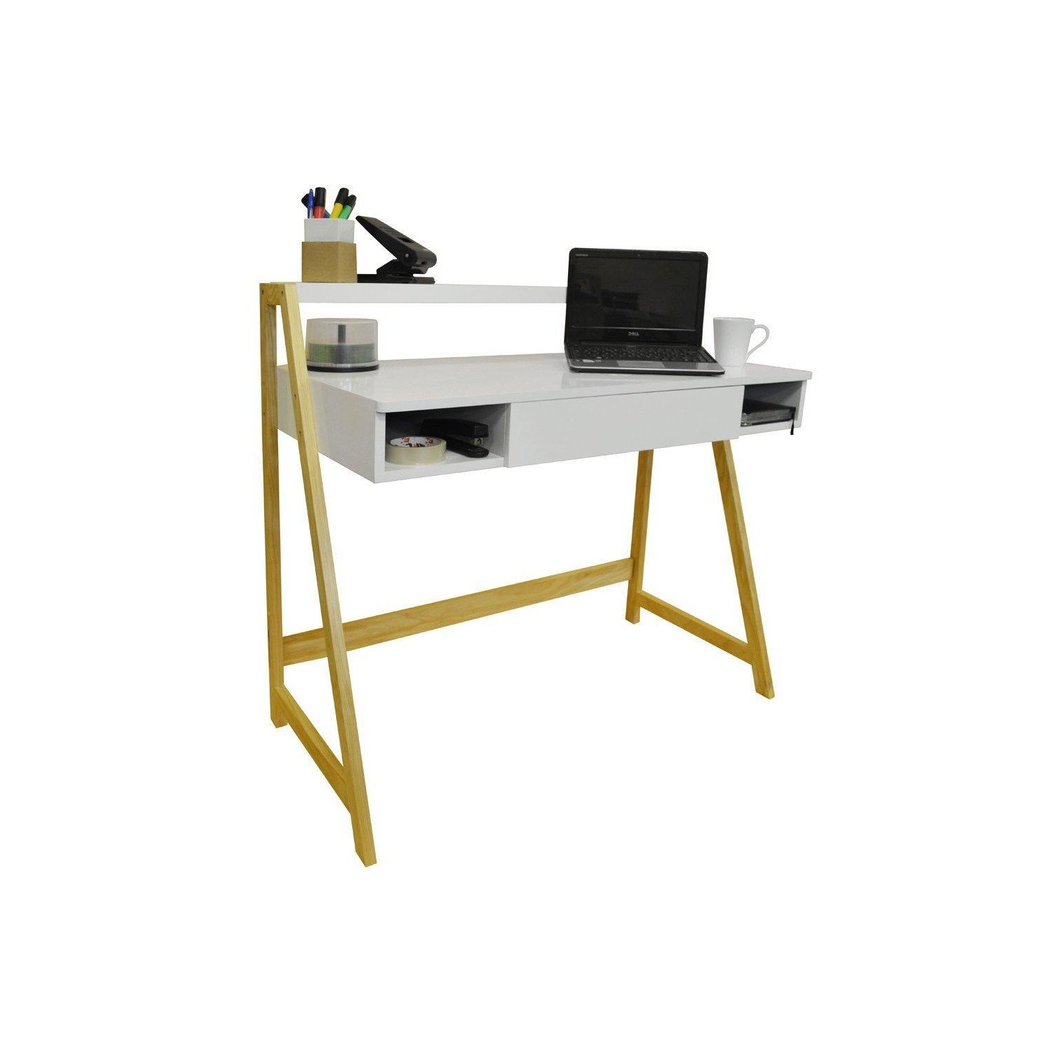 'Lean' - Retro Office Desk  Computer Workstation  Dressing Table - Pine  White - image 1