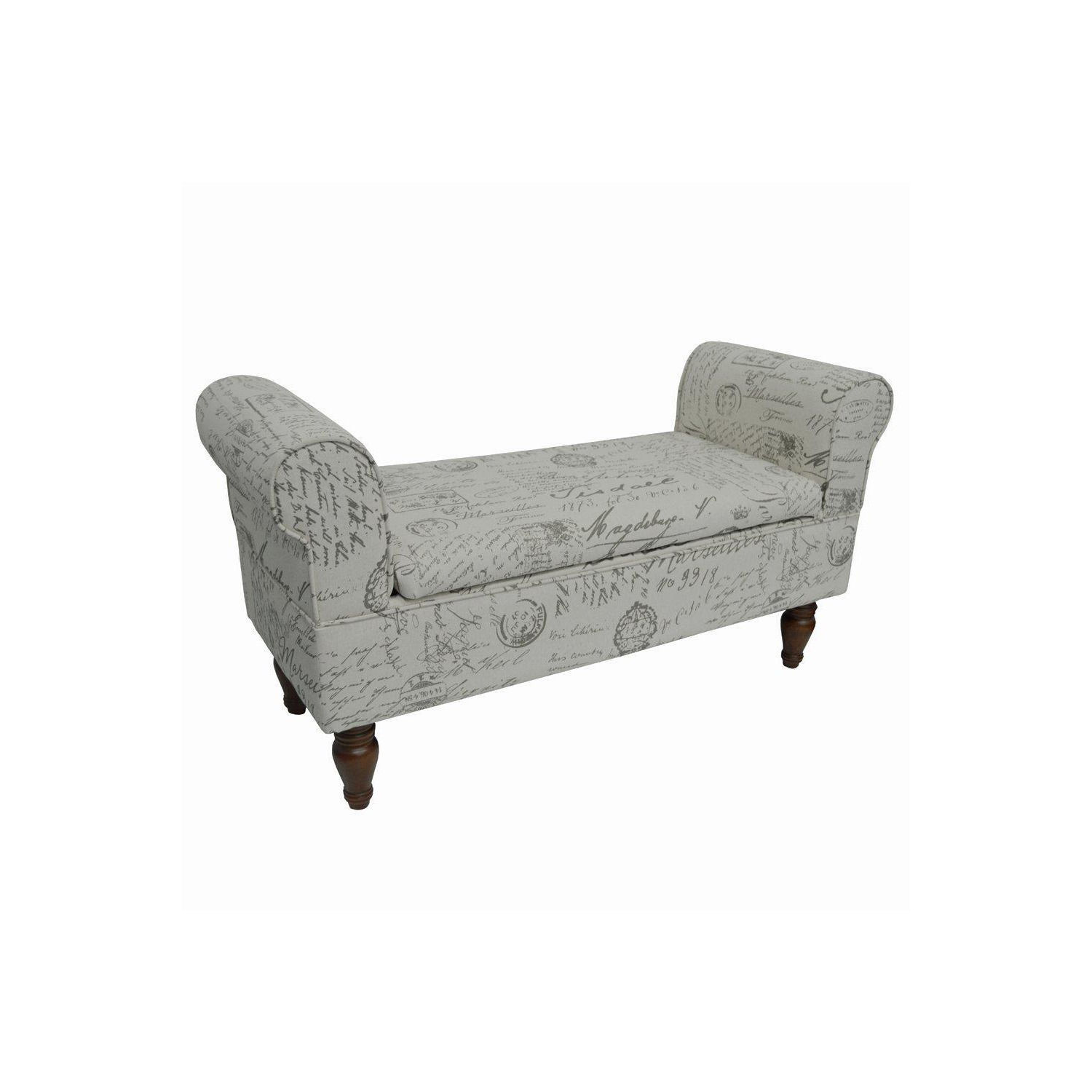 Storage Ottoman Bench  Padded Seat With Retro French Print And Wood Legs - Cream  Brown - image 1