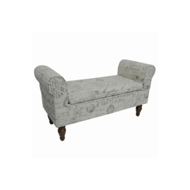 Storage Ottoman Bench  Padded Seat With Retro French Print And Wood Legs - Cream  Brown