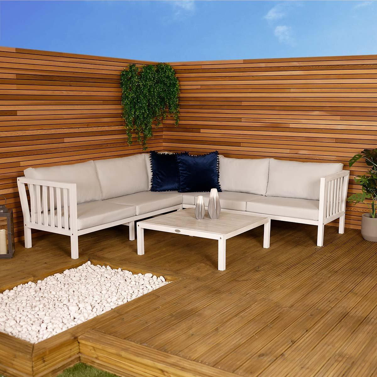 Acacia White Washed Wooden Corner Lounge Set Grey Cushions - image 1
