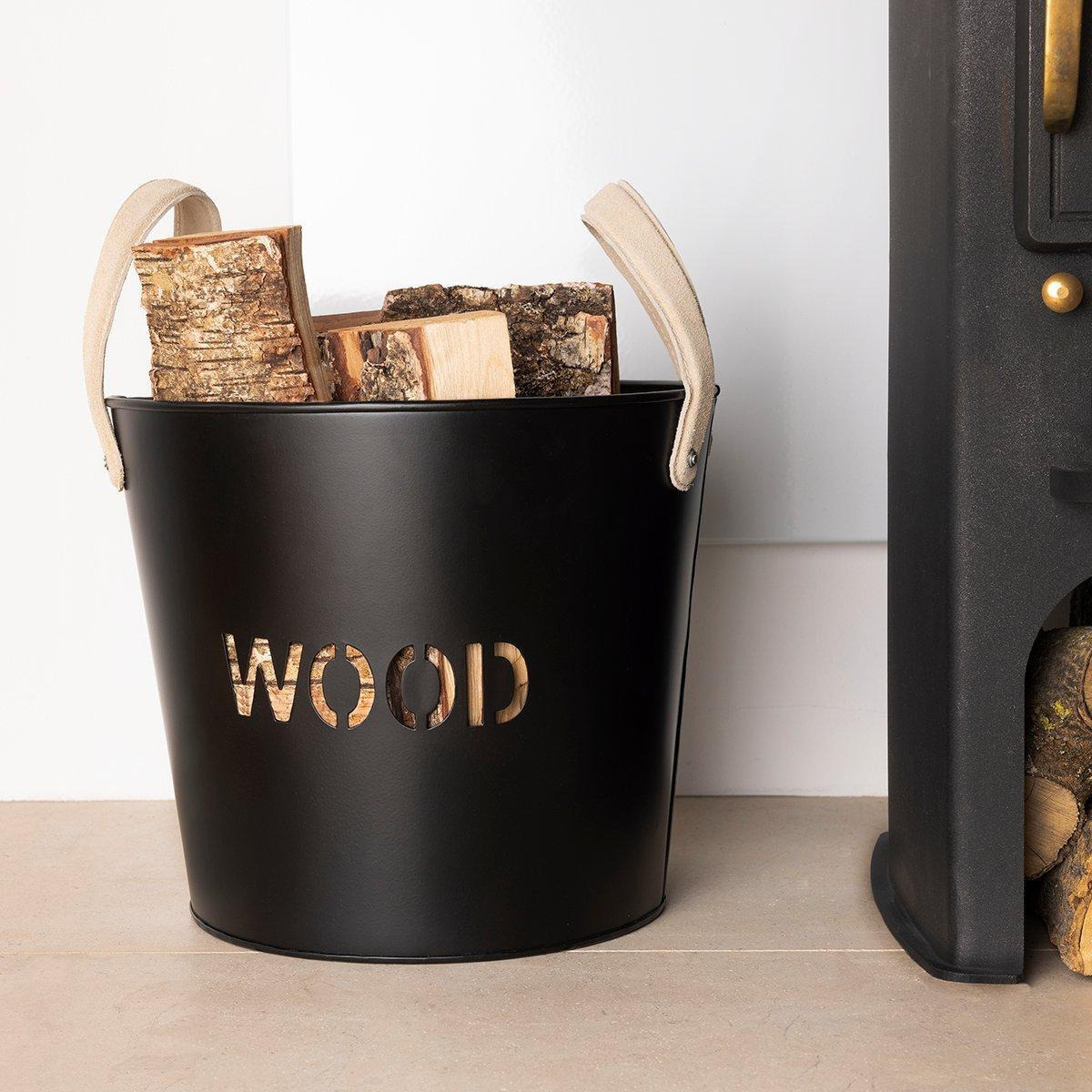 Rowan Leather Handled Fireside Wood Bucket Classic Style Iron Suede - image 1