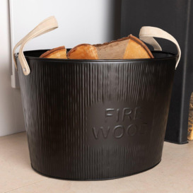 Spruce Leather Handled Fireside Wood Bucket Iron Classic Style Black Matte