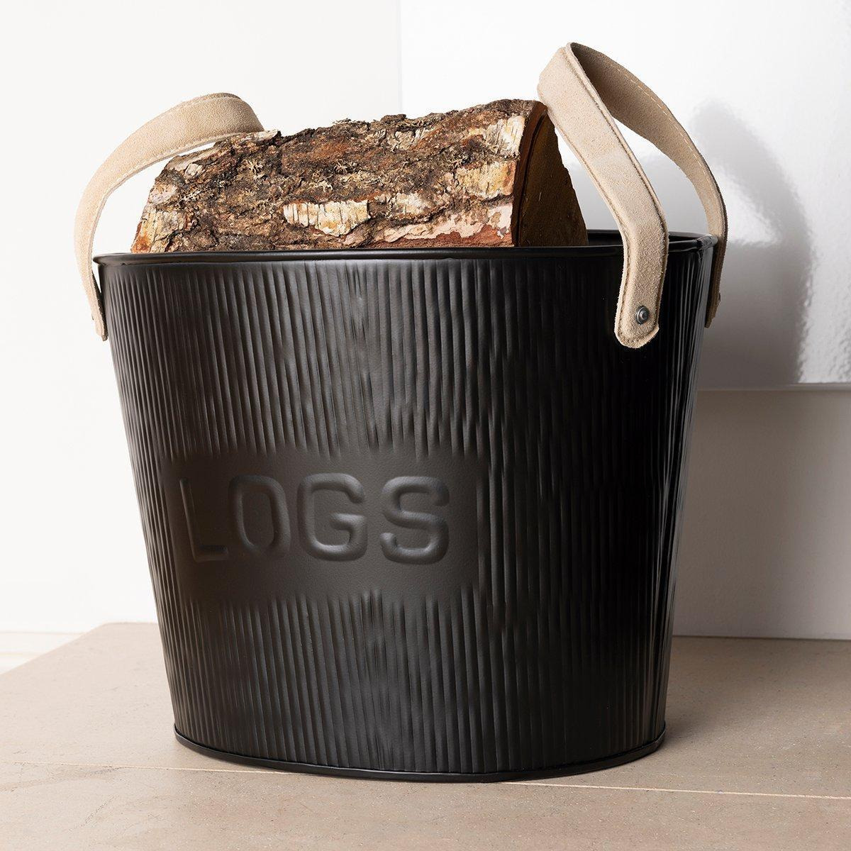 Spruce Leather Handled Fireside Wood Bucket Iron Classic Style Black Matte - image 1