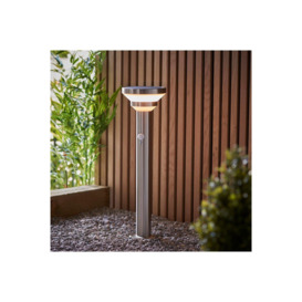 Modern Solar Powered Dimmable LED Short Bollard Lamp Brushed Stainless Steel PIR Motion & Day Night Sensors Warm White IP44 - thumbnail 2
